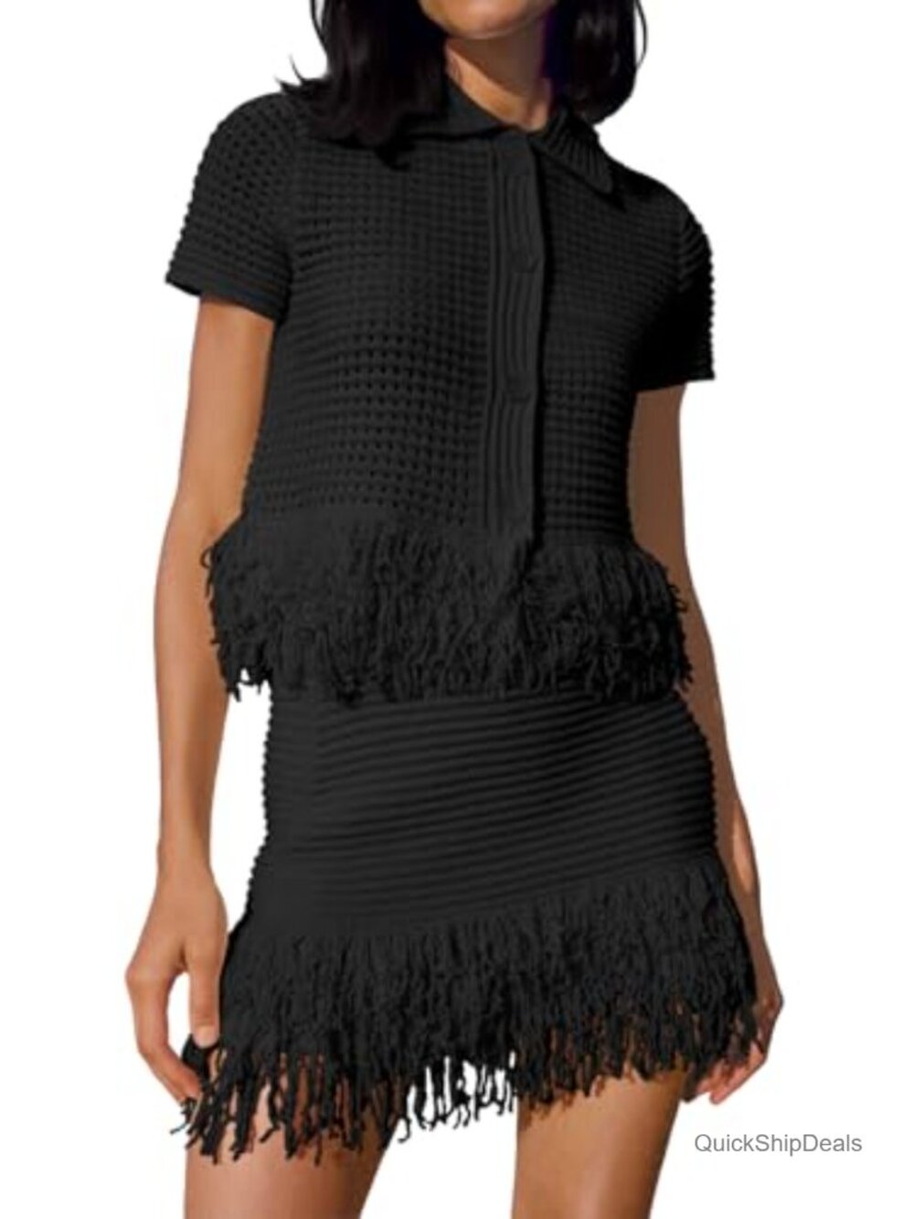 Womens 2 Piece Crochet Knit Sweater Top Fringe Skirt Set Vacation Outfit